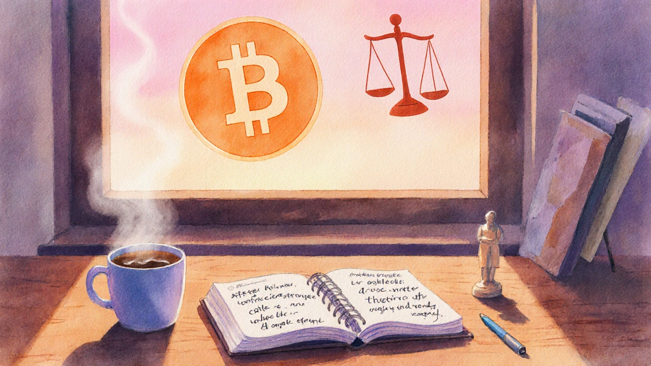 Bureau paisible au lever du soleil avec journal, café et symbole Bitcoin.