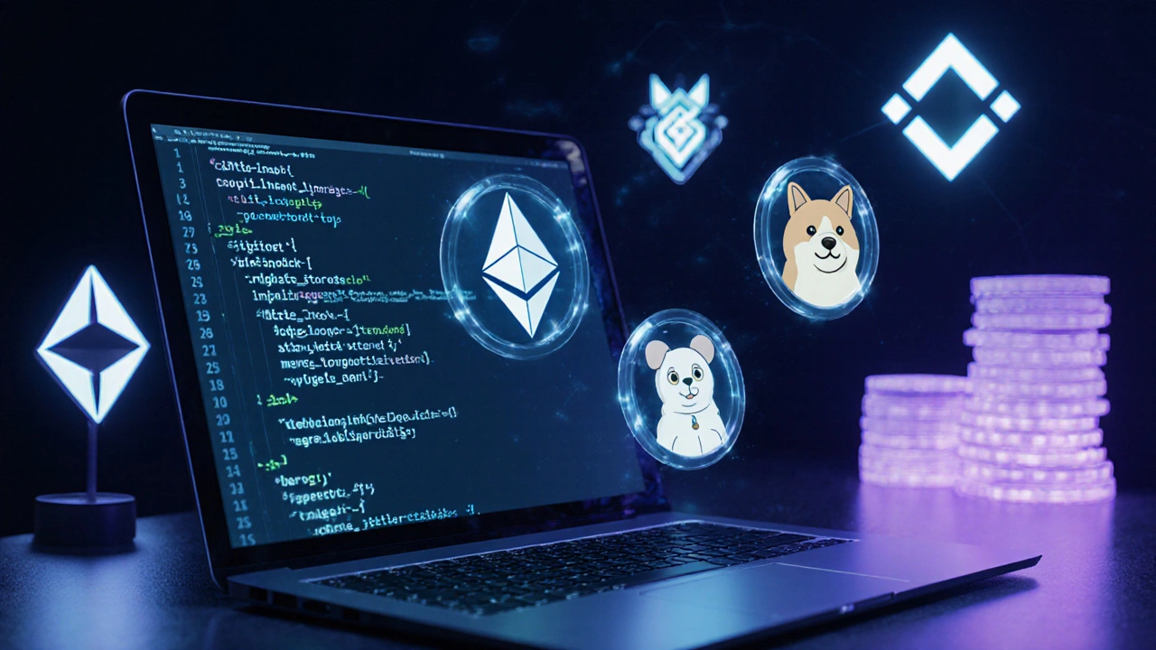 Développeur devant du code Solidity, avec les logos Dogecoin, Shiba Inu et Pepe flottants.