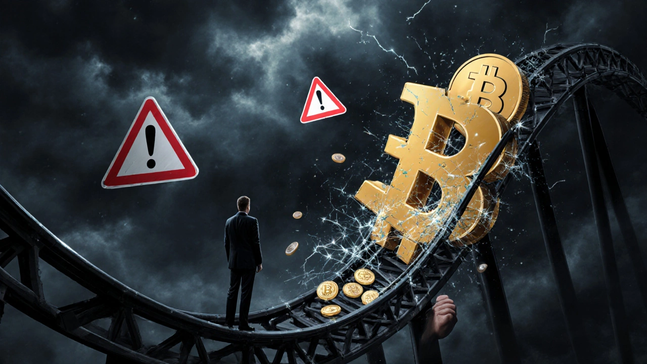 Roller‑coaster de pièces de crypto sous un ciel orageux, illustrant la volatilité et les risques.