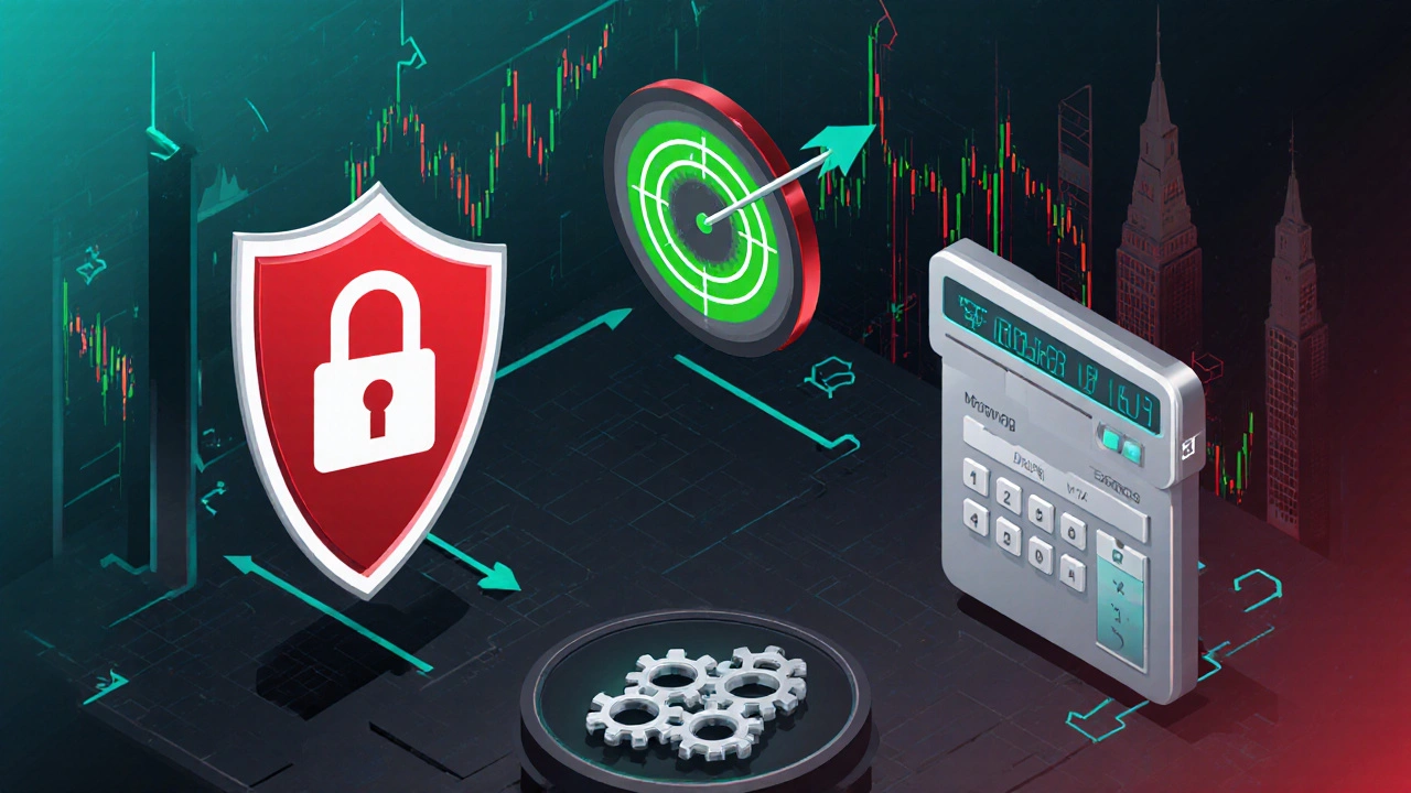 Vue isométrique de modules stop‑loss, take‑profit et calculateur de marge.