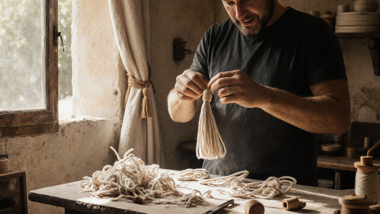 Artisan nouant à la main une embrasse en coton tissé dans un atelier provençal, entouré de teintures naturelles.