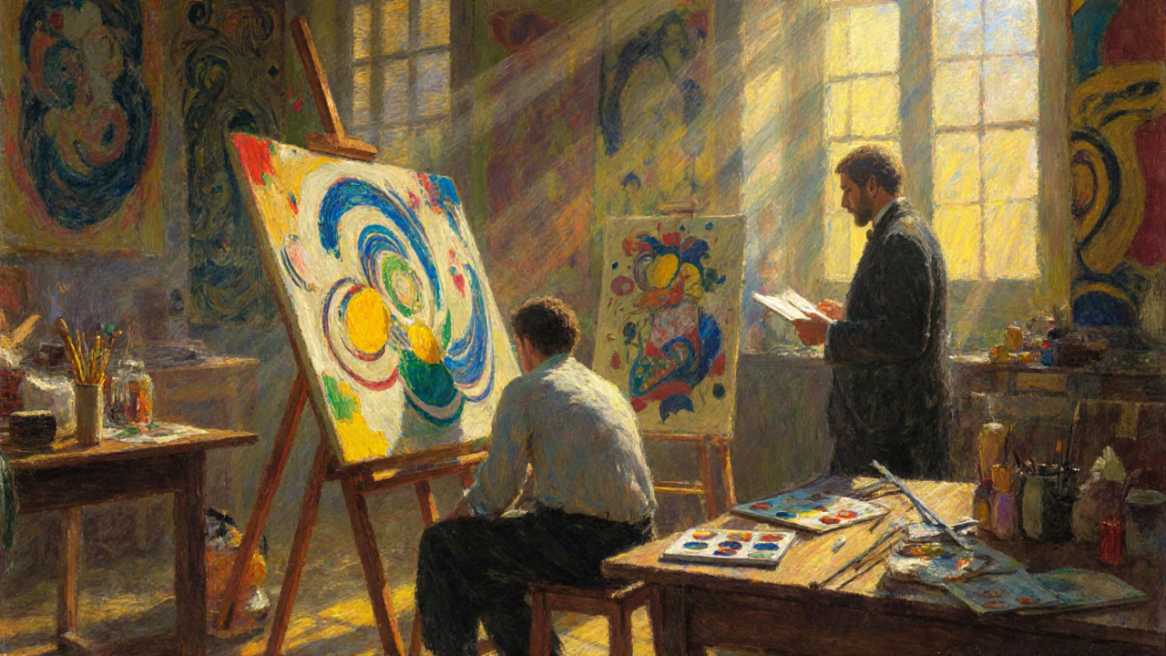Atelier du début du XXe siècle avec Kandinsky, Picasso et Miró autour de toiles abstraites.