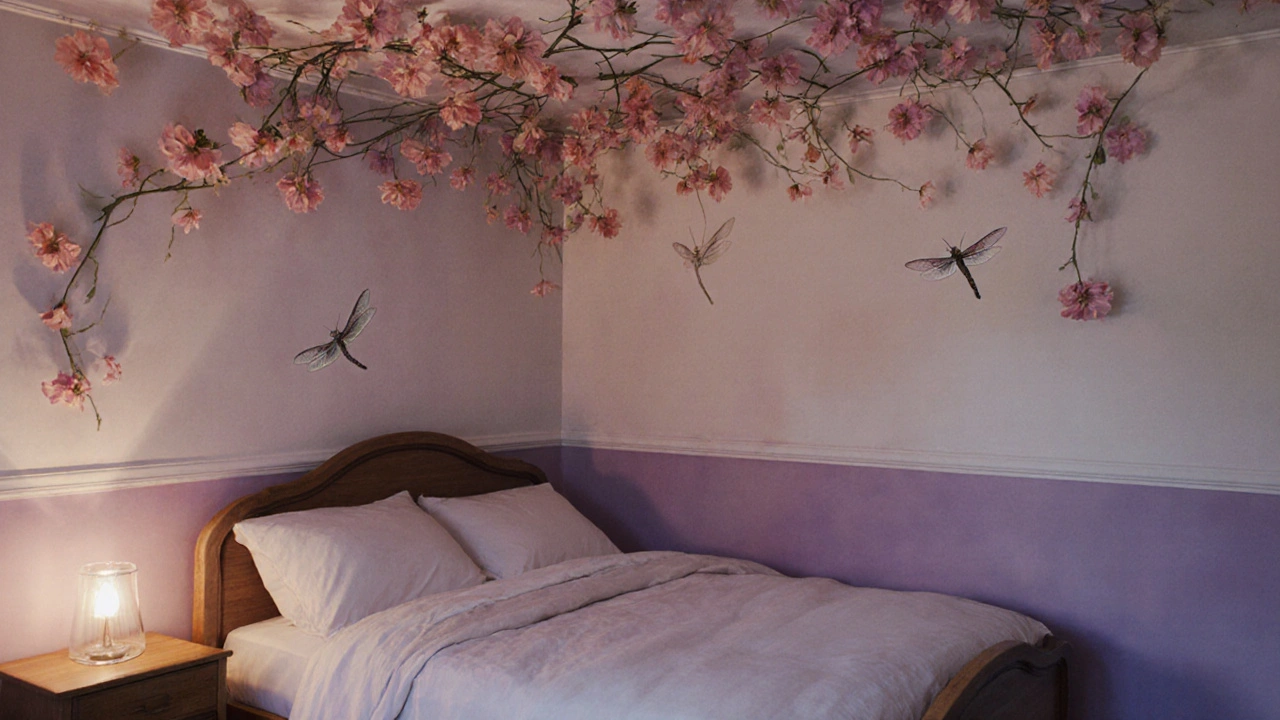 Bedroom ceiling adorned with floating poppy flowers in soft pastels, lit by a glowing glass nightlight at twilight.