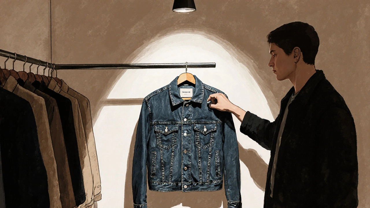 Boutique de mode française minimalist avec 80 vêtements soigneusement disposés, éclairage doux et ambiance calme.