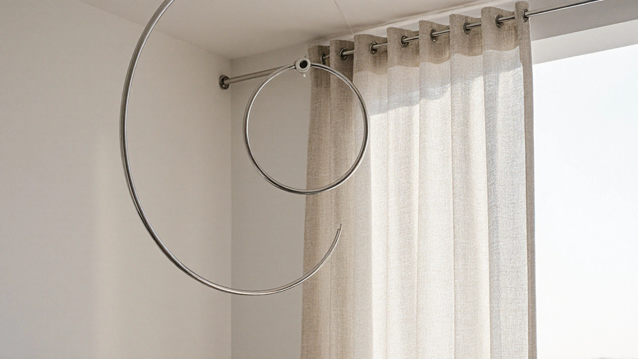 Cercles métalliques modernes retenant des rideaux en lin léger, créant des lignes pures sur un mur blanc.