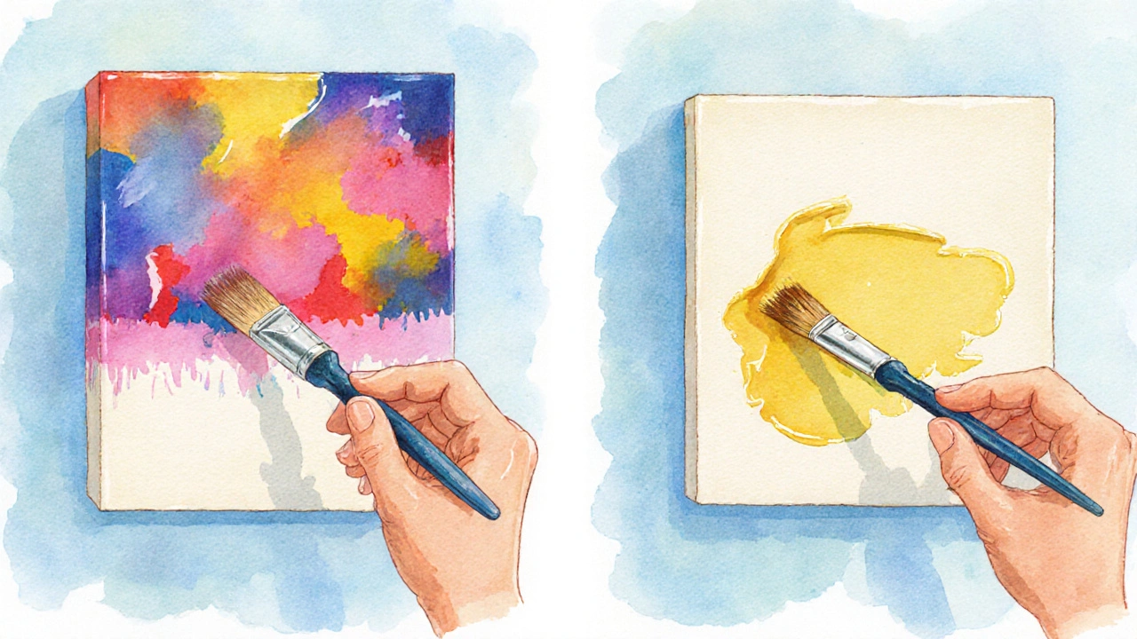 Comparaison d’acrylique et d’huile sur toile non apprêtée, deux moitiés colorées avec medium.