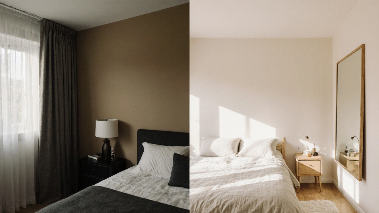 Comparaison visuelle : une chambre sombre et encombrée à gauche, transformée en espace clair et aéré à droite.