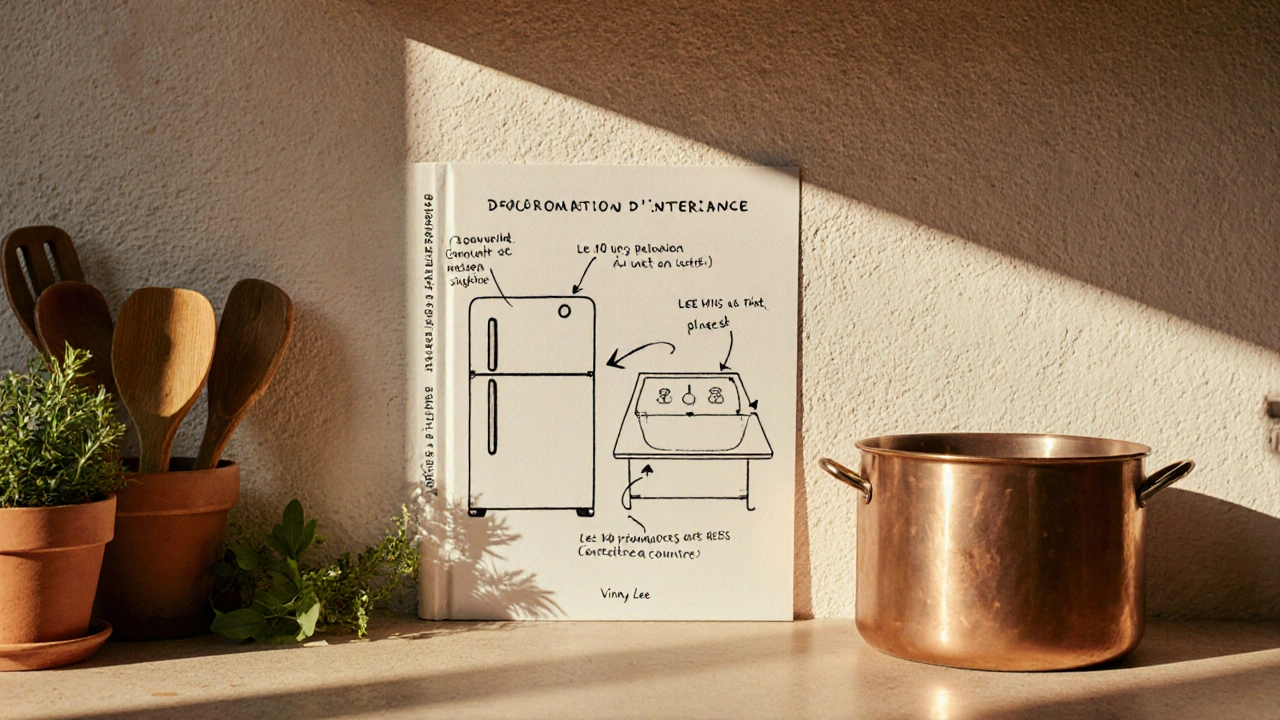 Cuisine française avec un mur peint illustrant le triangle de travail, des herbes et des ustensiles en bois.