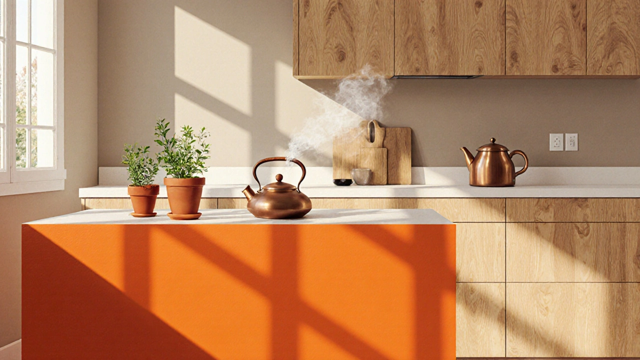 Cuisine moderne avec un îlot orange, des pots en terre cuite et une lumière du matin douce.