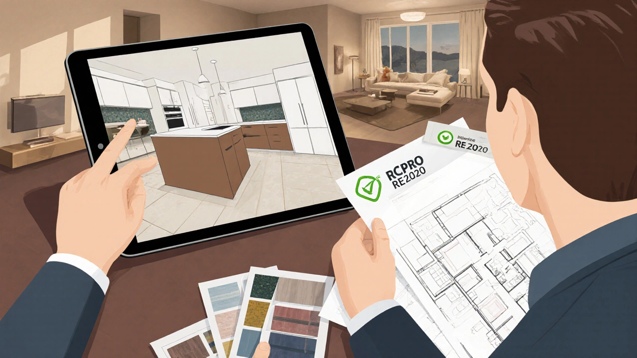 Décorateur montre une maquette numérique à un client avec échantillons et checklist de normes.