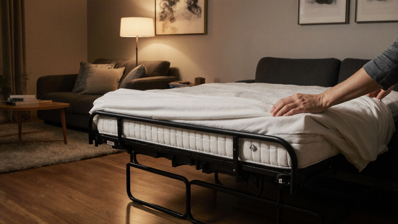 Détail d'un canapé escamotable en cours de dépliage, révélant un matelas épais et confortable.