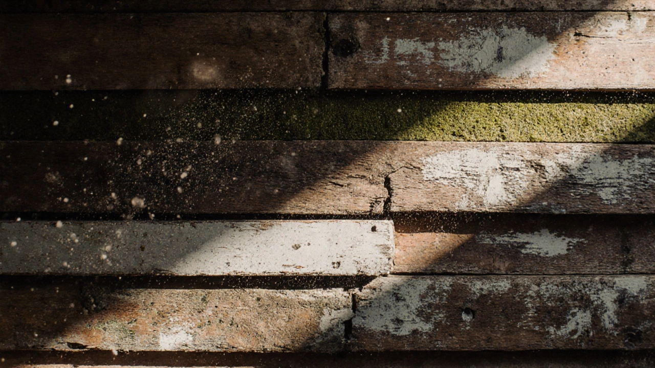 Détail des fibres et cicatrices du bois recyclé, éclairé par un rayon de soleil traversant la poussière.