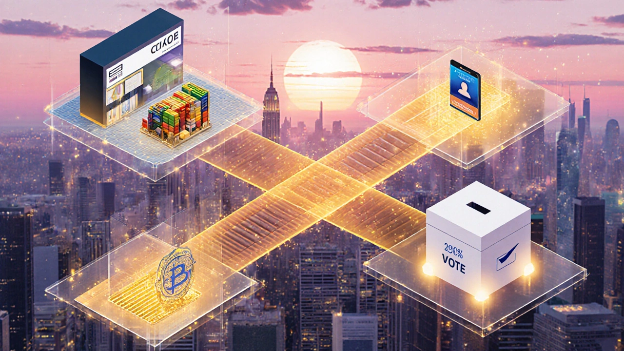 Divers secteurs (finance, alimentation, vote) connectés par une toile blockchain.