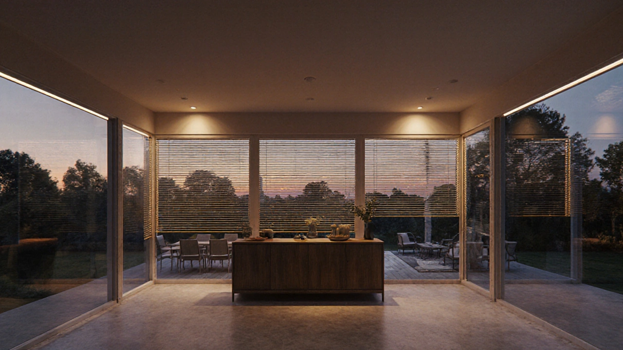 Éclairage en trois couches dans une verrière intérieure au crépuscule, avec stores vénitiens motorisés et rideaux en lin.