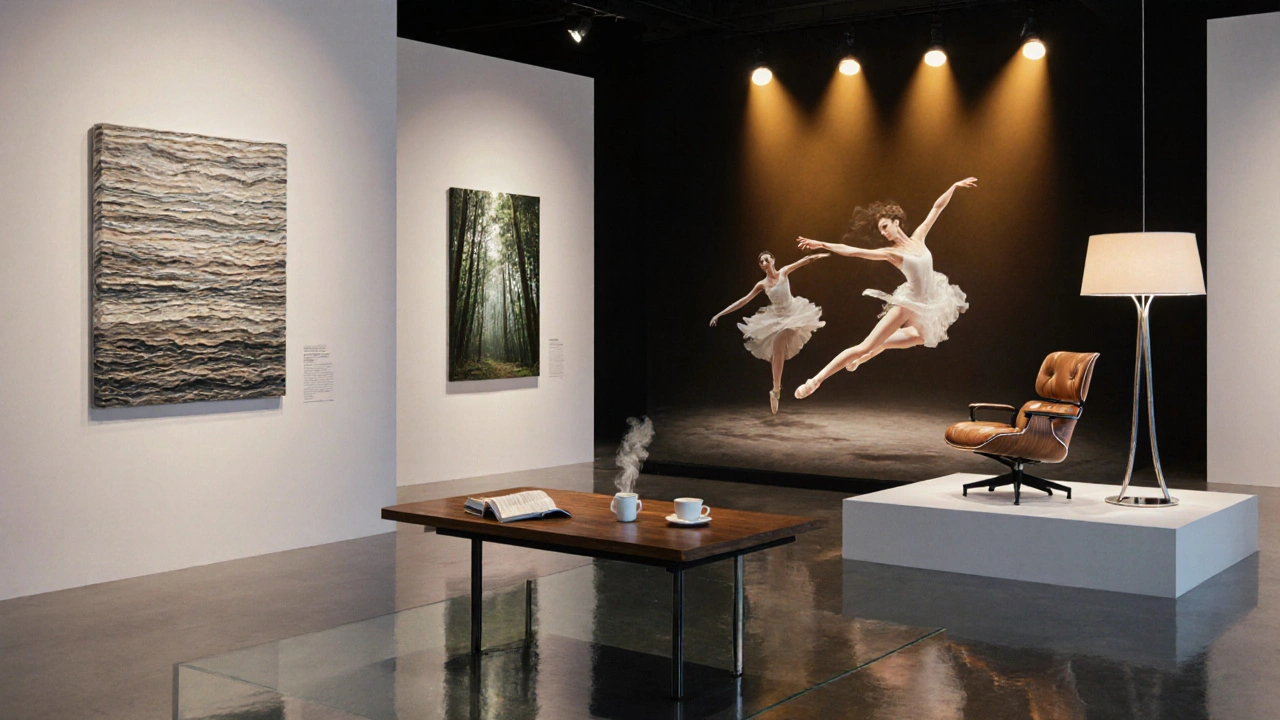 Exposition moderne avec peinture de Richter, danse projetée, roman de Slimani et fauteuil Eames exposés.
