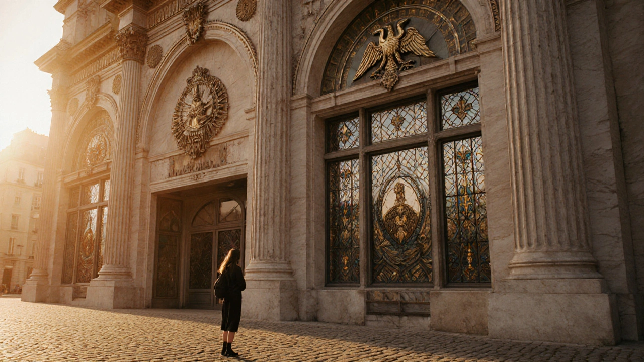 Façade Art Déco à Lyon inspirée de Versailles, vue au crépuscule avec un visiteur.