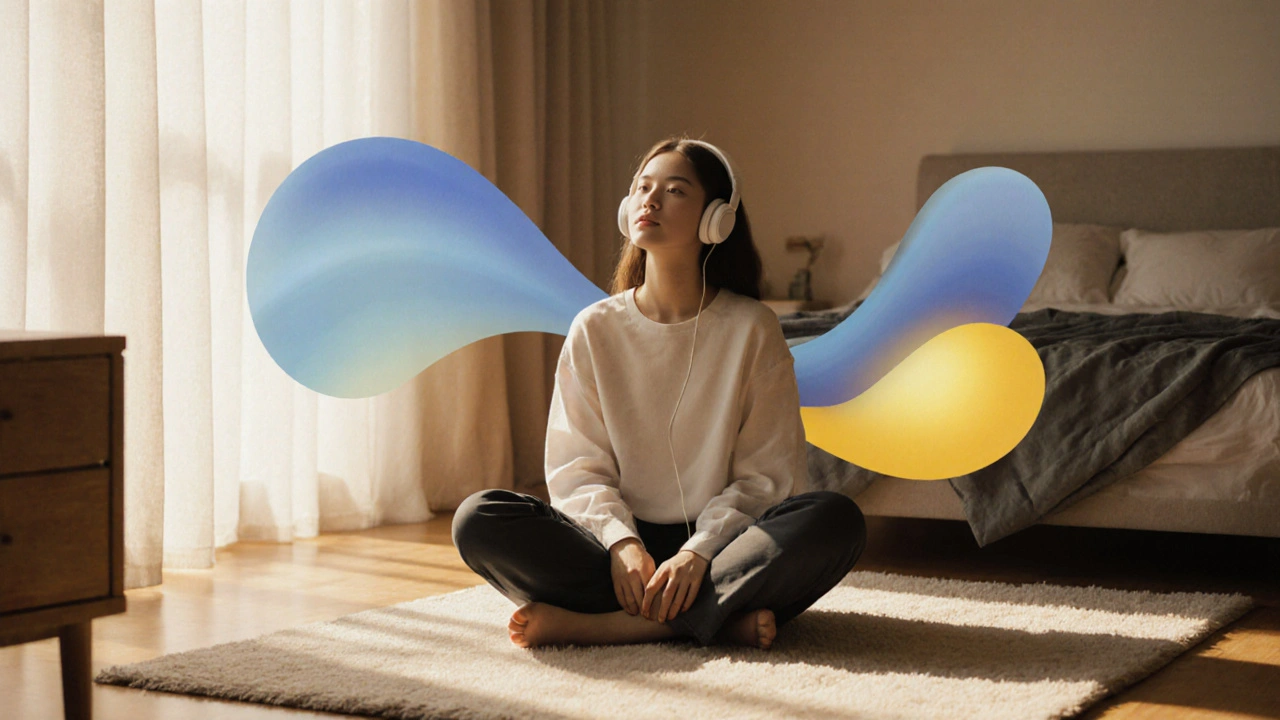 Femme en méditation dans sa chambre, écoutant un podcast déco, lumière douce et formes abstraites d&#039;émotions.