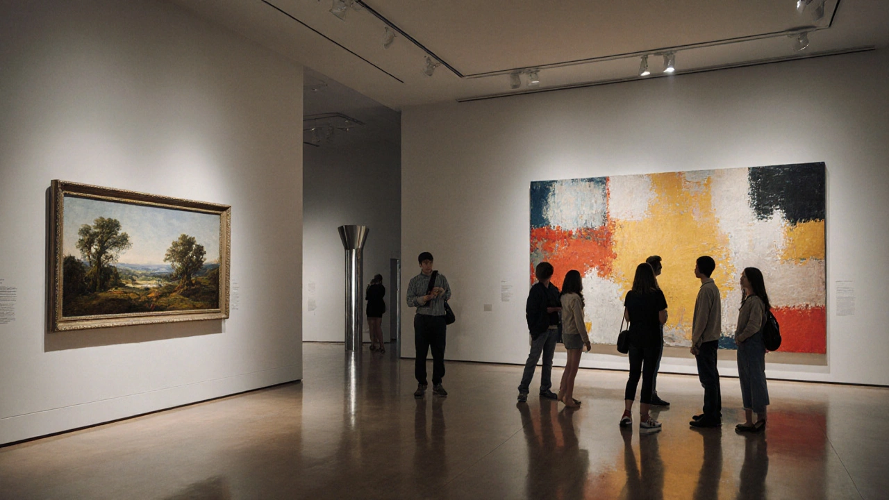 Galerie moderne montrant côte à côte une peinture figurative du XIXe siècle et une sculpture abstraite contemporaine.