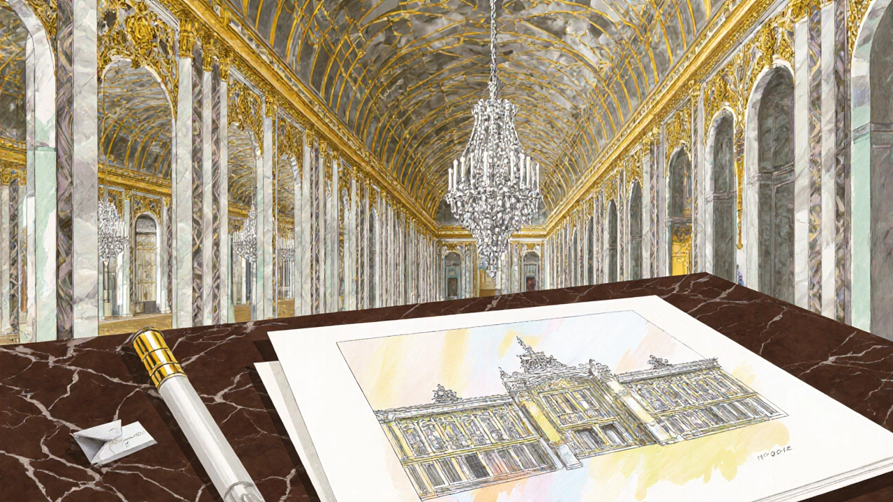 Hall des Glaces reinterpreté en style Art Déco avec miroirs, marbre et esquisse d'architecte.
