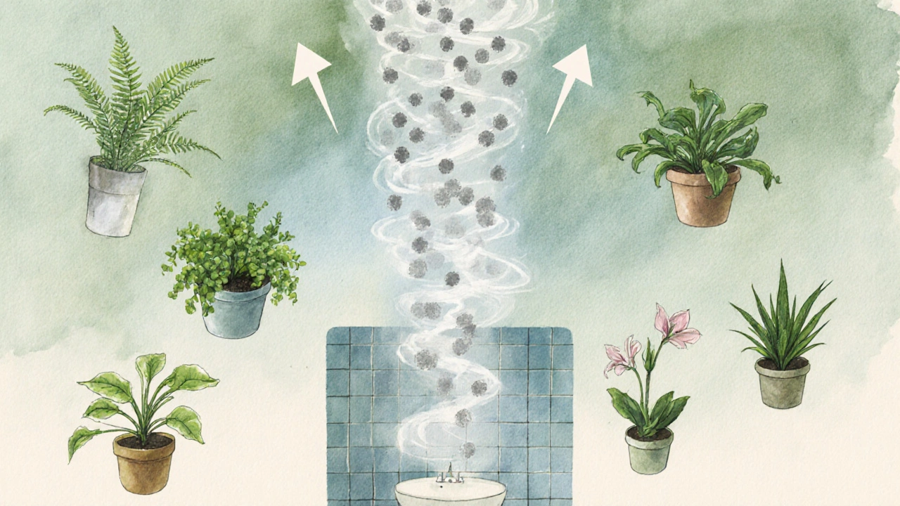 Illustration conceptuelle de six plantes purifiant l'air d'une salle de bain.