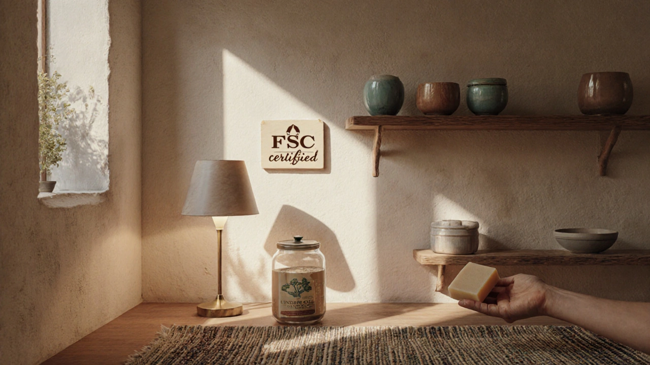 Intérieur écologique avec matériaux naturels : chaux, lin, verre recyclé, lumière douce et objets artisanaux.