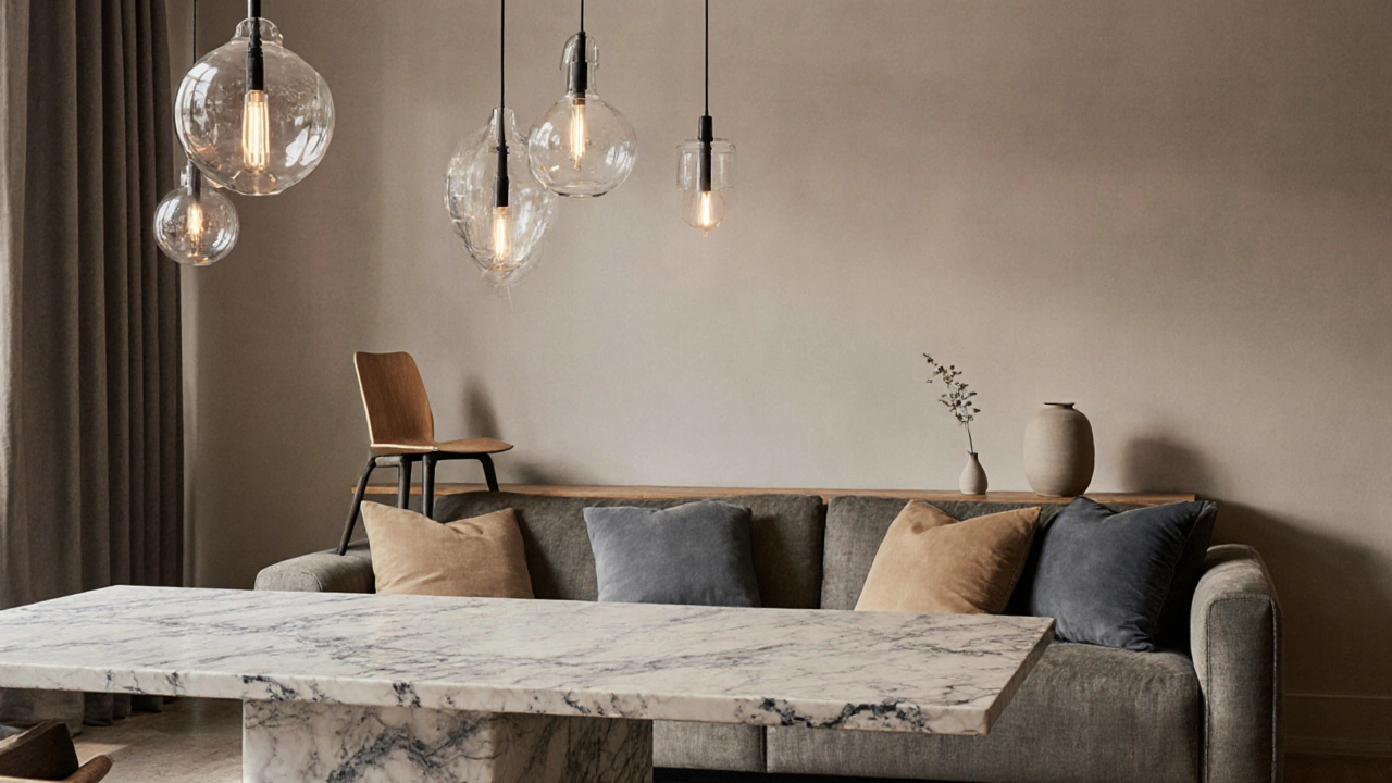 Intérieur luxueux avec table en marbre et lustre en verre soufflé, juxtaposé à des accessoires abordables de HEMA et Søstrene Grene.