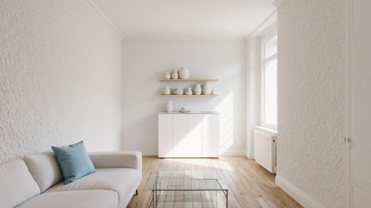 Intérieur minimaliste aux tons clairs, avec des lignes continues et une lumière douce qui crée une sensation d&#039;espace infini.