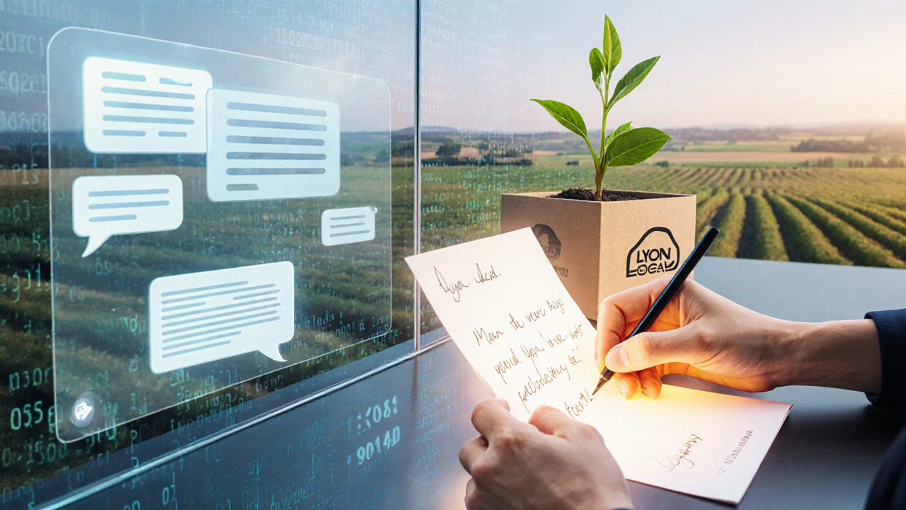 Main humaine écrivant une note personnelle à un client, tandis qu&#039;un chatbot froid se dissout en arrière-plan.