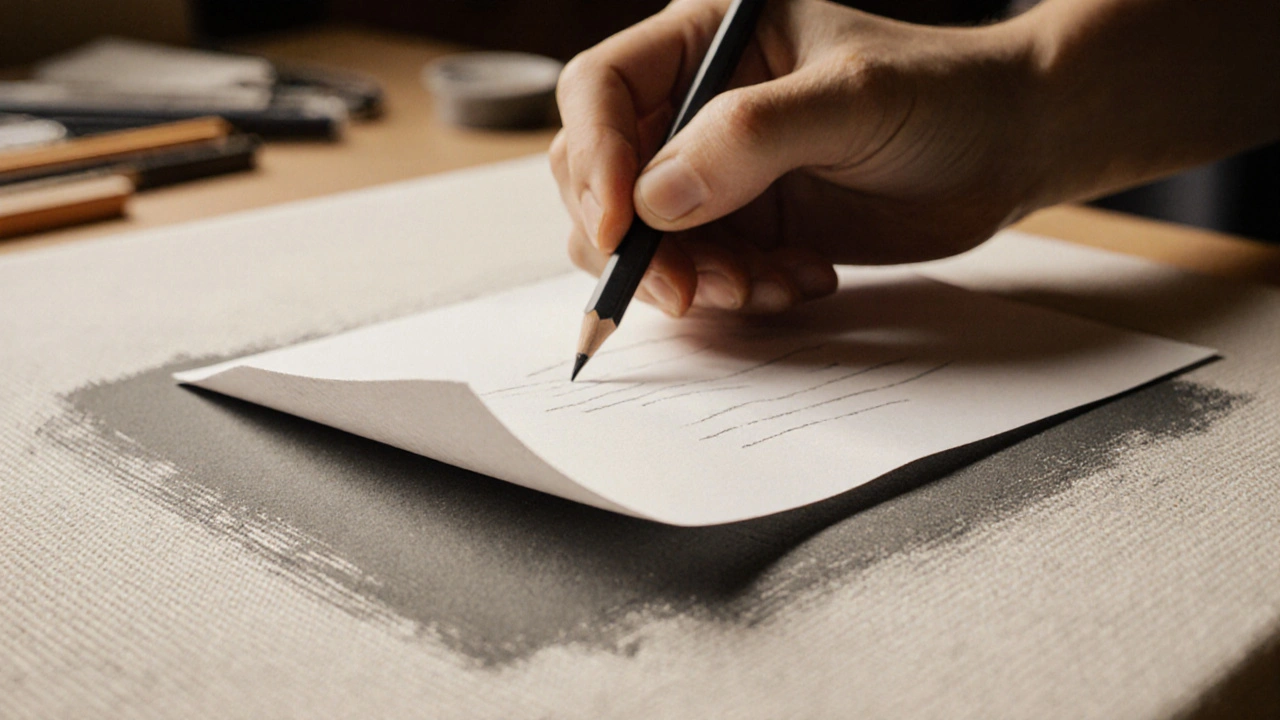 Main trace un dessin à l'aide de papier carbone sur une toile.