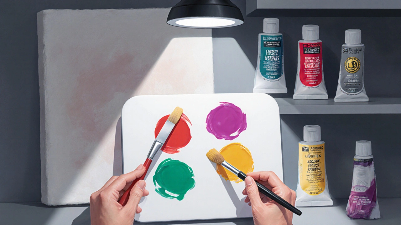 Mains mélangeant deux échantillons de peinture acrylique sous une lumière de test.
