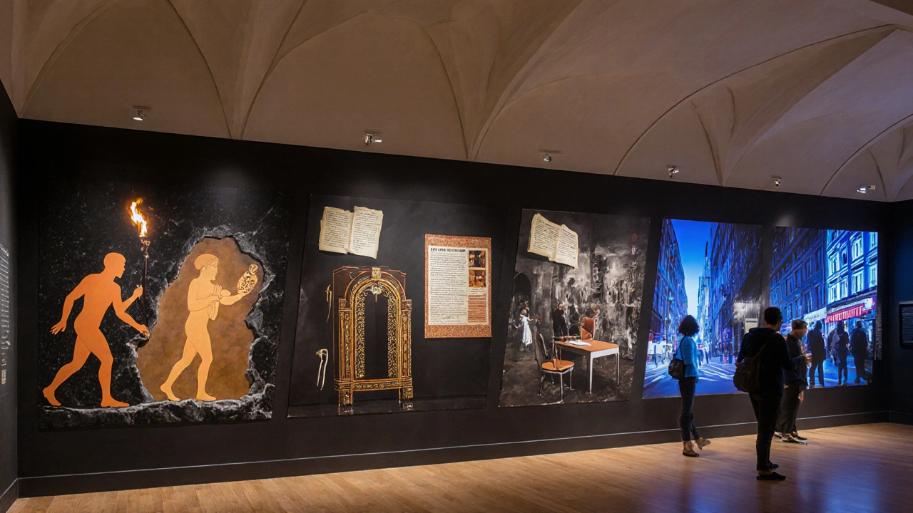 Mural historique illustrant l’art préhistorique, le théâtre grec, le troubadour, le mobilier Art déco, le Bauhaus et l’installation numérique.