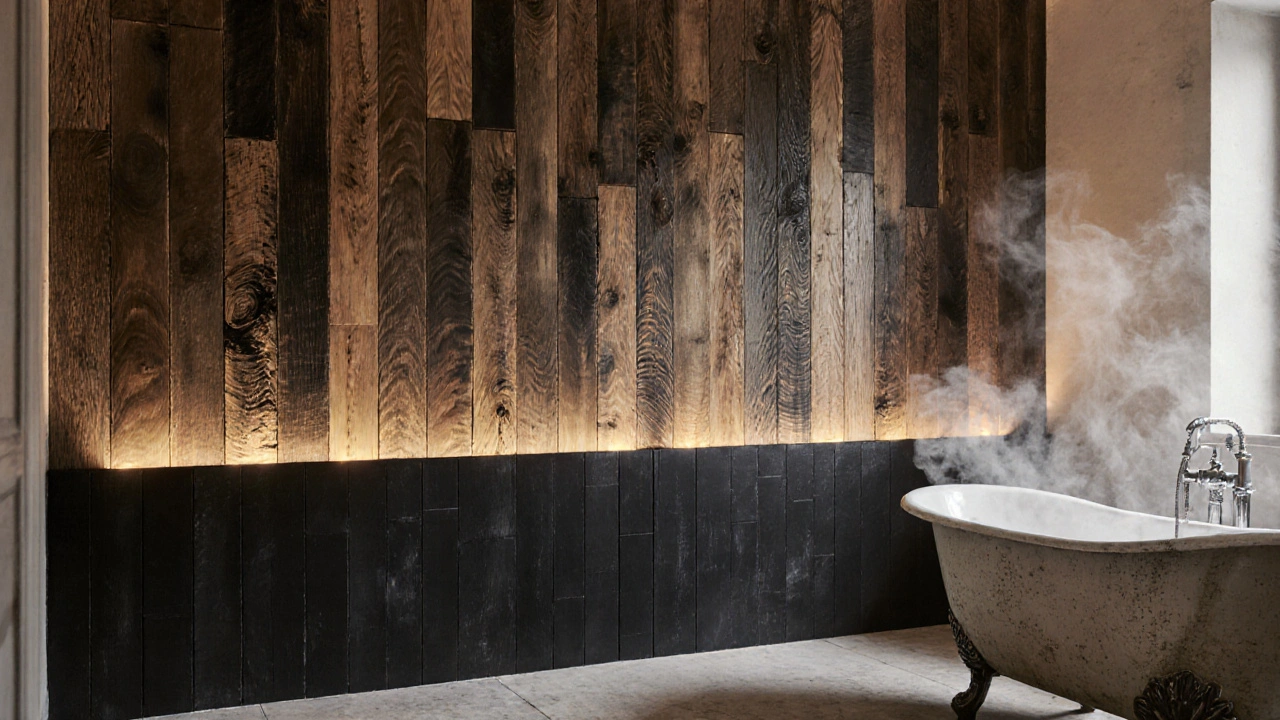 Panels de bois brûlé et huilé dans une salle de bain, avec éclairage LED discret et vapeur douce.