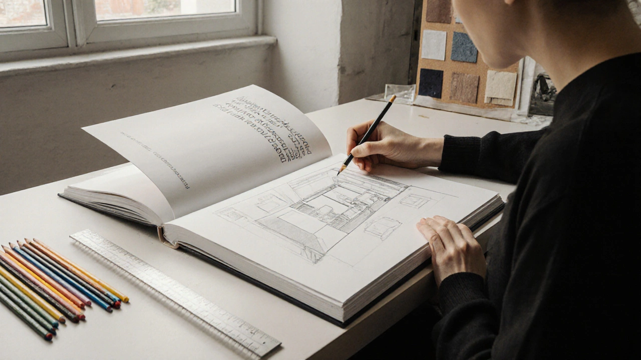 Personne dessinant une pièce en perspective dans un atelier minimaliste, avec un livre ouvert et des outils de dessin.
