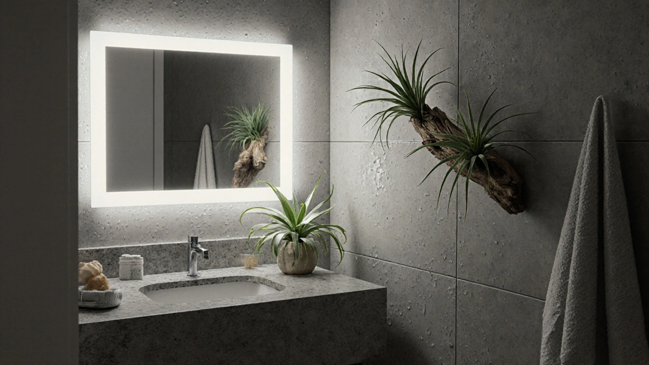 Plantes d'intérieur dans une salle de bain sans fenêtre, éclairées par une lampe LED blanche.