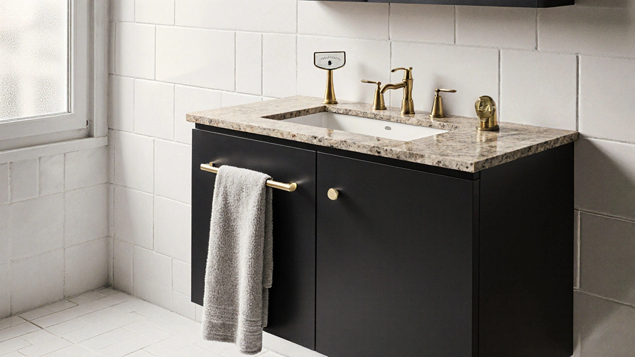 Robinetterie en laiton brossé dans une salle de bain moderne, avec carrelage blanc et finitions noires.