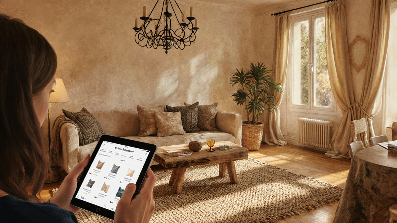 Salon stylé avec tapis tissé, lustre en fer forgé et table en bois brut, inspiré de Maisons du Monde.