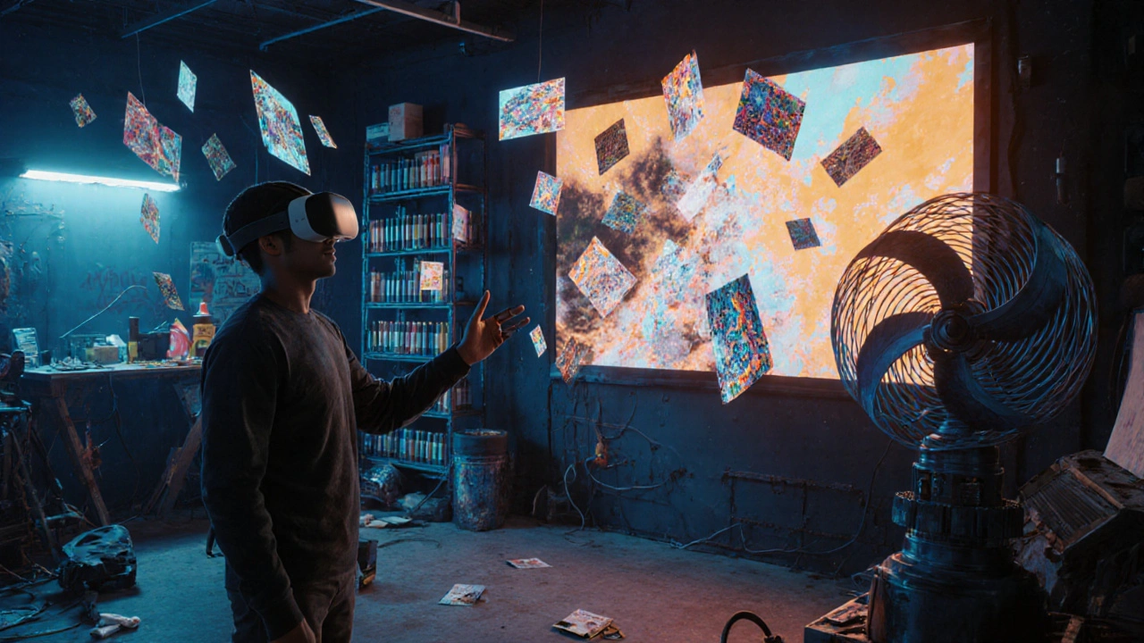 Scène de studio moderne avec artiste en VR entouré d'installations holographiques et graffitis numériques.