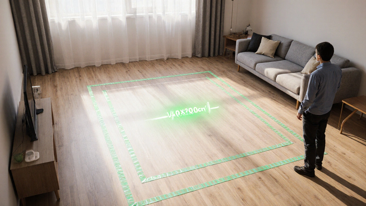 Schéma de tapis tracé au ruban de masquage sur un sol en bois, personne l&#039;observant, lumière douce, idée de test avant achat.