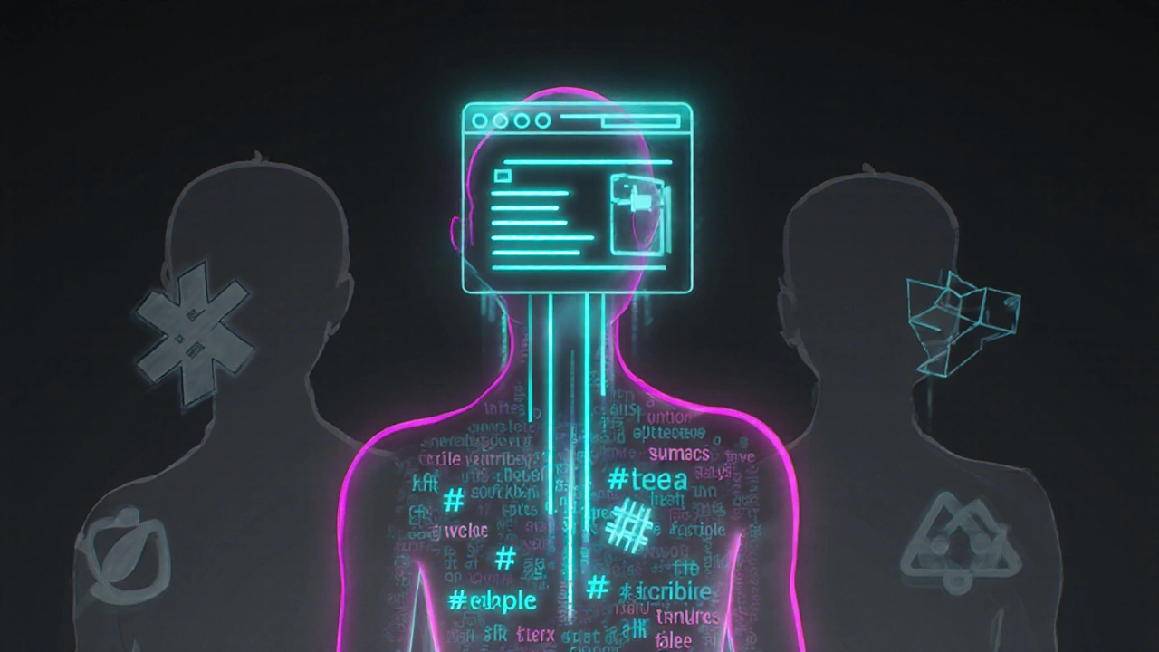 Silhouette filled with web annotations glowing like digital thoughts, connected to browser icons.