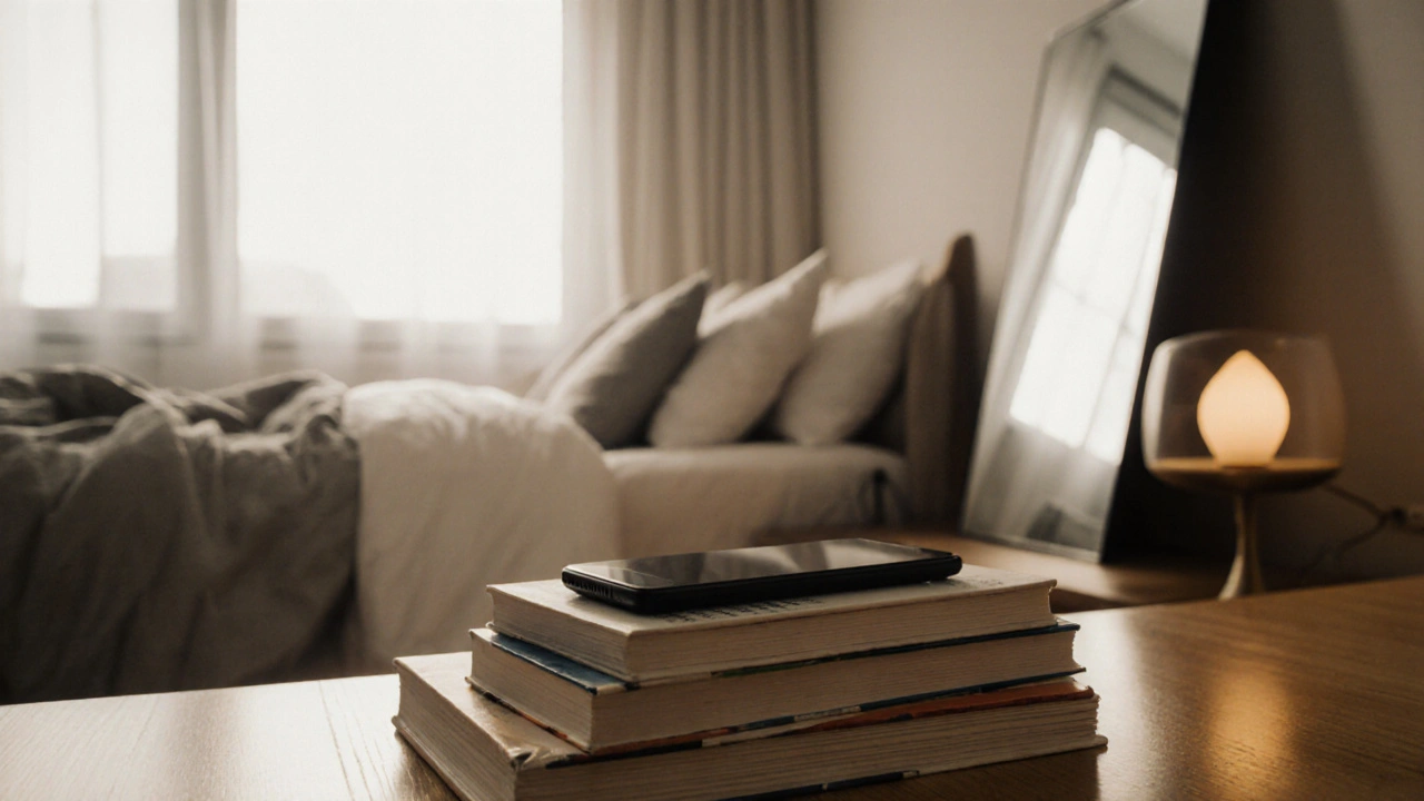 Smartphone sur une pile de livres, photographiant une chambre claire et rangée, lumière douce et miroir net, pas d'objets personnels.