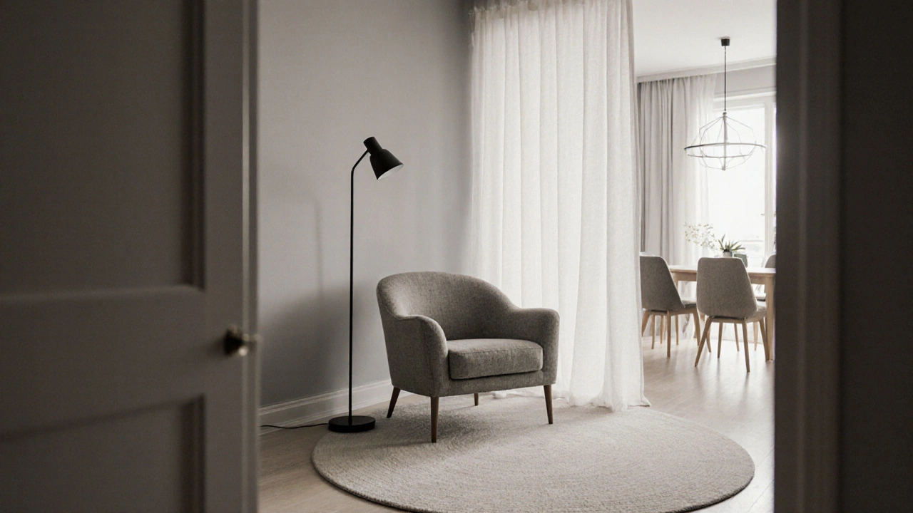 Tapis rond en coton sous un fauteuil et une lampe de lecture, créant une bulle chaleureuse dans un petit espace lumineux.