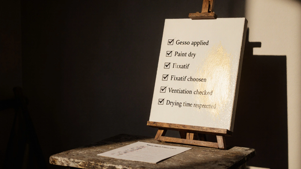 Toile terminée vernie, posée sur un chevalet avec une checklist à côté, ambiance calme.