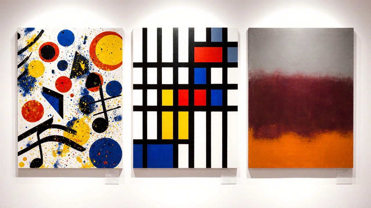 Triptyque montrant des références à Kandinsky, Mondrian et Rothko dans des styles abstraits.