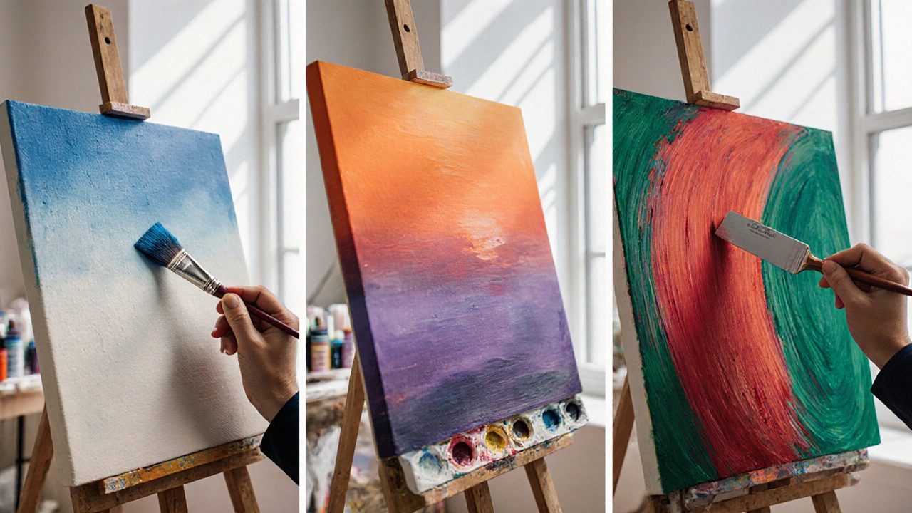 Triptyque montrant un débutant, un intermédiaire et un professionnel peignant sur toile.