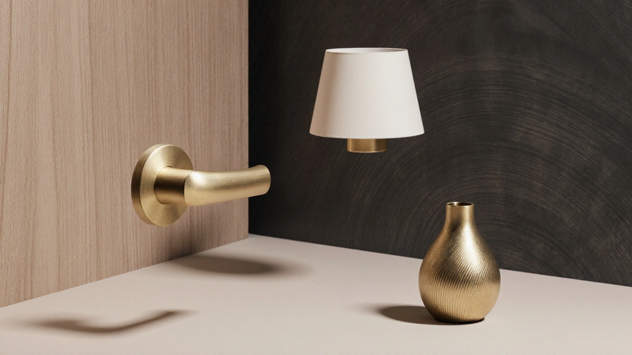 Trois objets en laiton brossé flottant sur un fond texturé, éclairés doucement pour révéler leur finition mate.