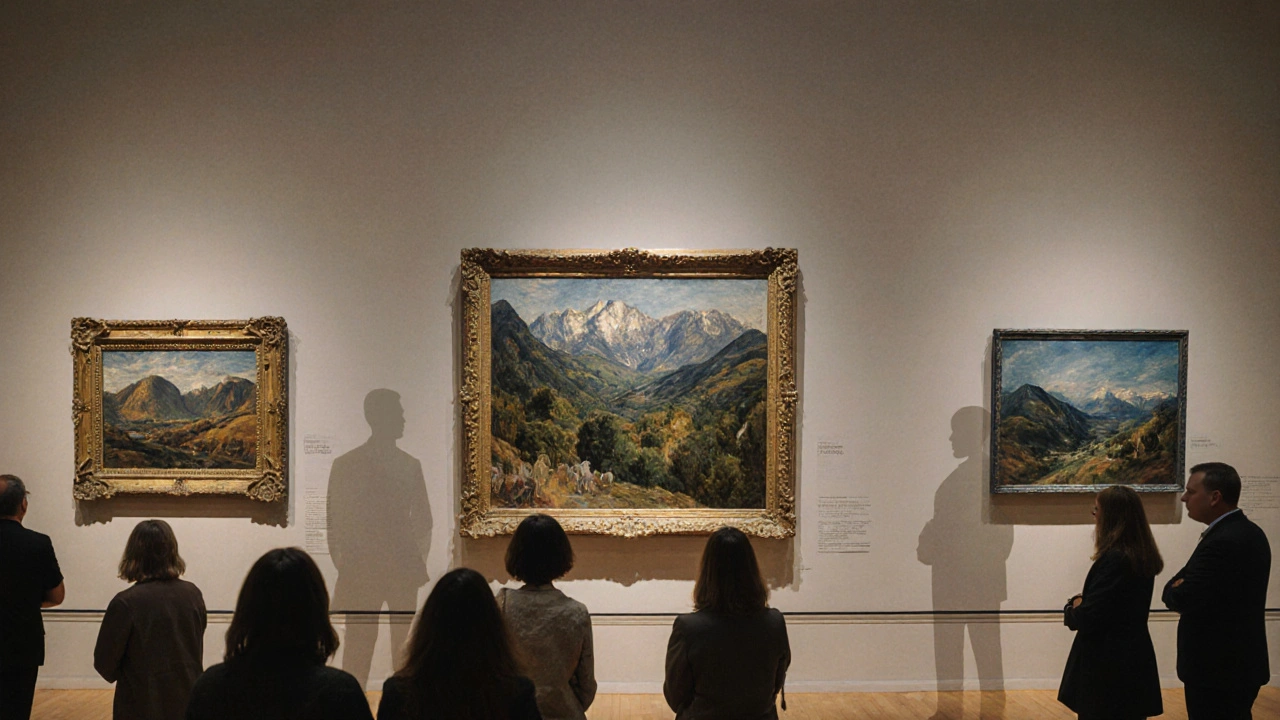 Trois toiles de la série exposées dans un musée, évoquant l'influence cubiste.