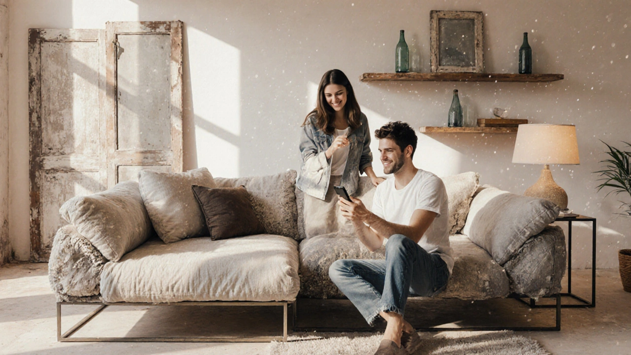 Un canapé modulable upcyclé est réarrangé à l'aide d'une application sur smartphone dans un salon chaleureux.