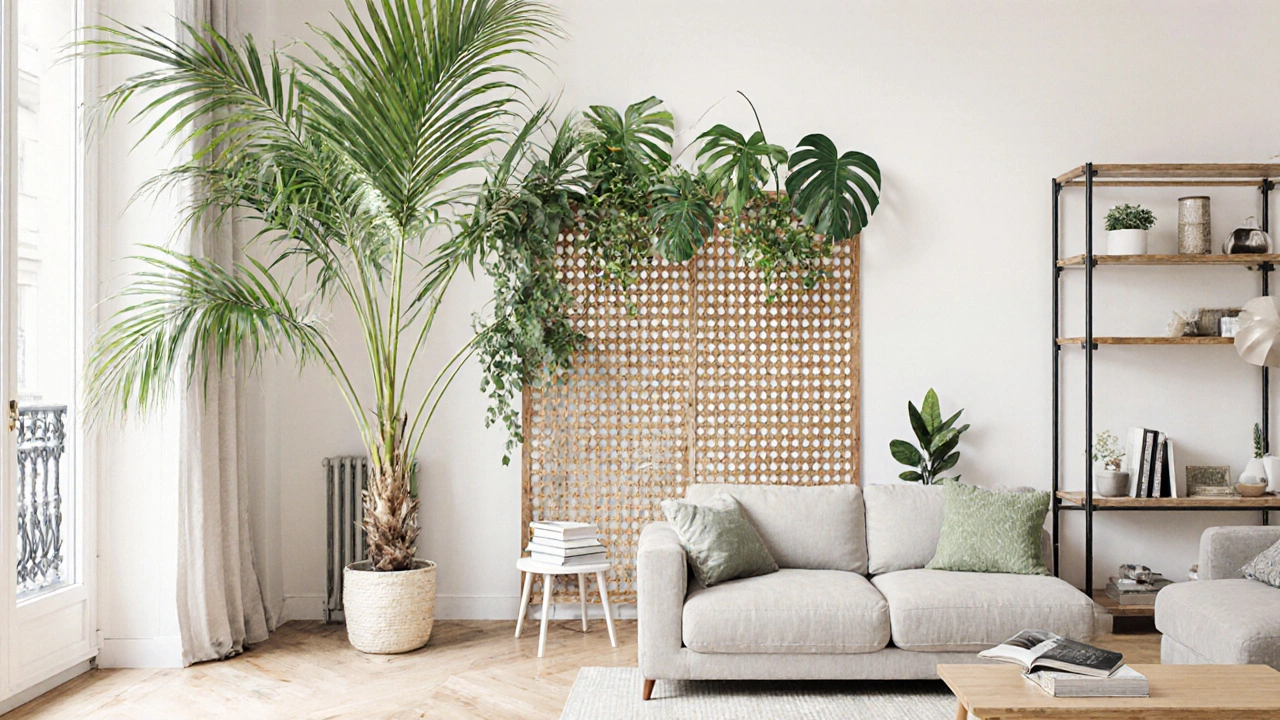 Un Kentia sépare doucement un coin lecture d'un canapé dans un salon ouvert, avec une Monstera en arrière-plan.