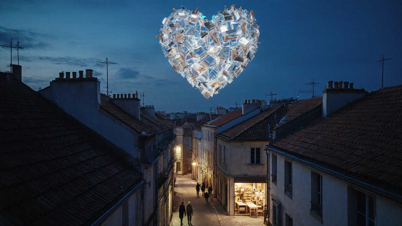 Une sculpture géante faite de meubles recyclés flotte au-dessus des toits de villes françaises, symbole de l'upcycling.