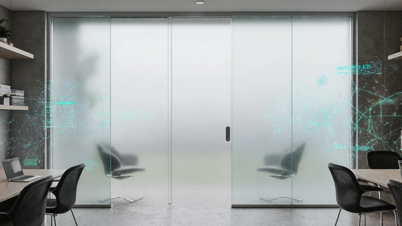 Verrière intelligente en verre électrochrome et aluminium recyclé, avec mobilier suspendu et isolation thermique intégrée.